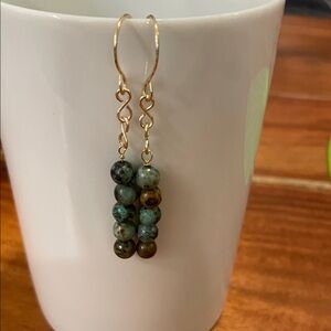 Gold and Green Beaded Drop Earrings